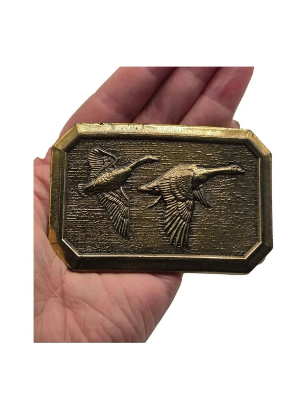 Vintage 1976 Solid Brass Belt Buckle Geese Design By Bergamot Brass Works USA